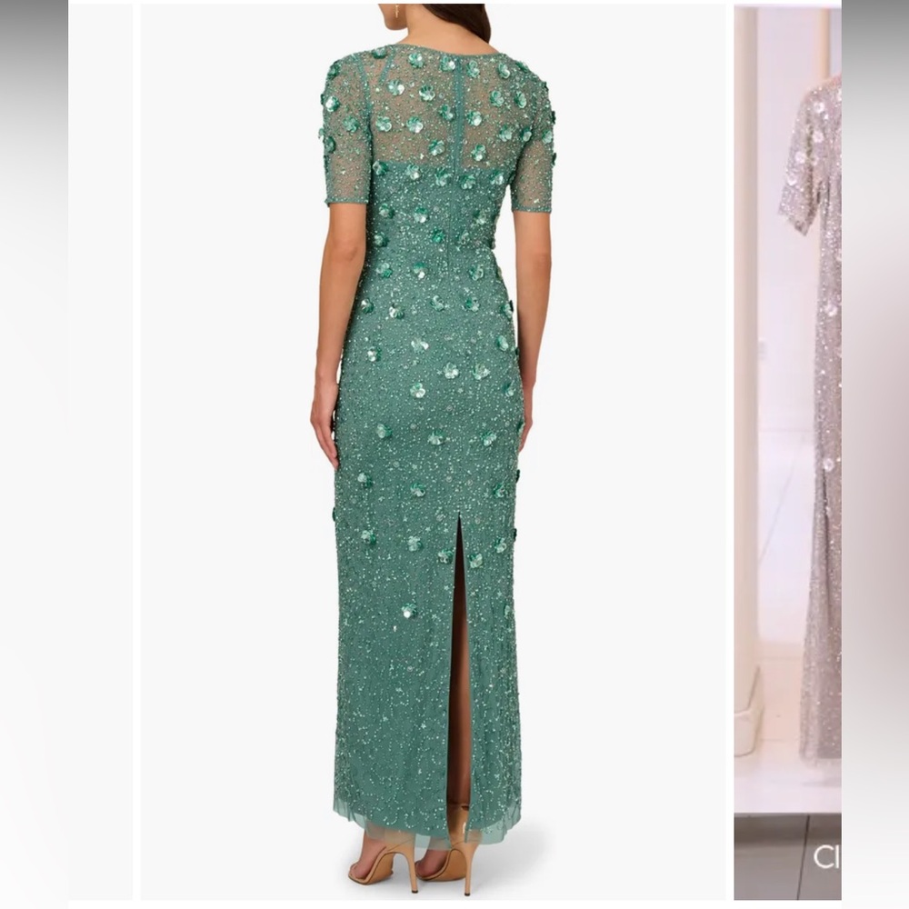 NWT Adrianna Papell Beaded Embellished Long 3D Floral Dress 14P - Picture 2 of 9